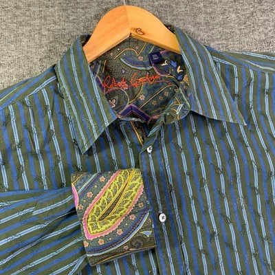 Camisa Robert Graham Hombres 2XL Cachemira Puño Abatible Rayas Hippie Retro Años 70’s Foto 1 de 4
