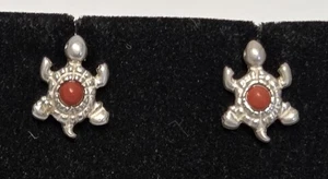 Vintage Turtle Coral Stud Sterling Silver Earrings 3D Red Stone Shell 1/2" Long - Picture 1 of 15