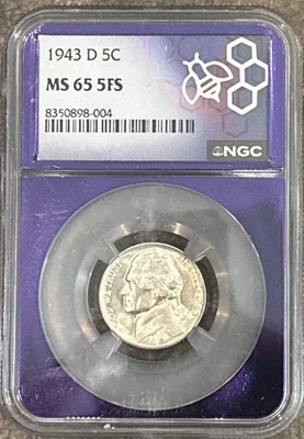 1943 D 5FS (Five Full Steps)  MS65 NGC Jefferson 5 Cent War Nickel Silver NGC - Image 1 of 4
