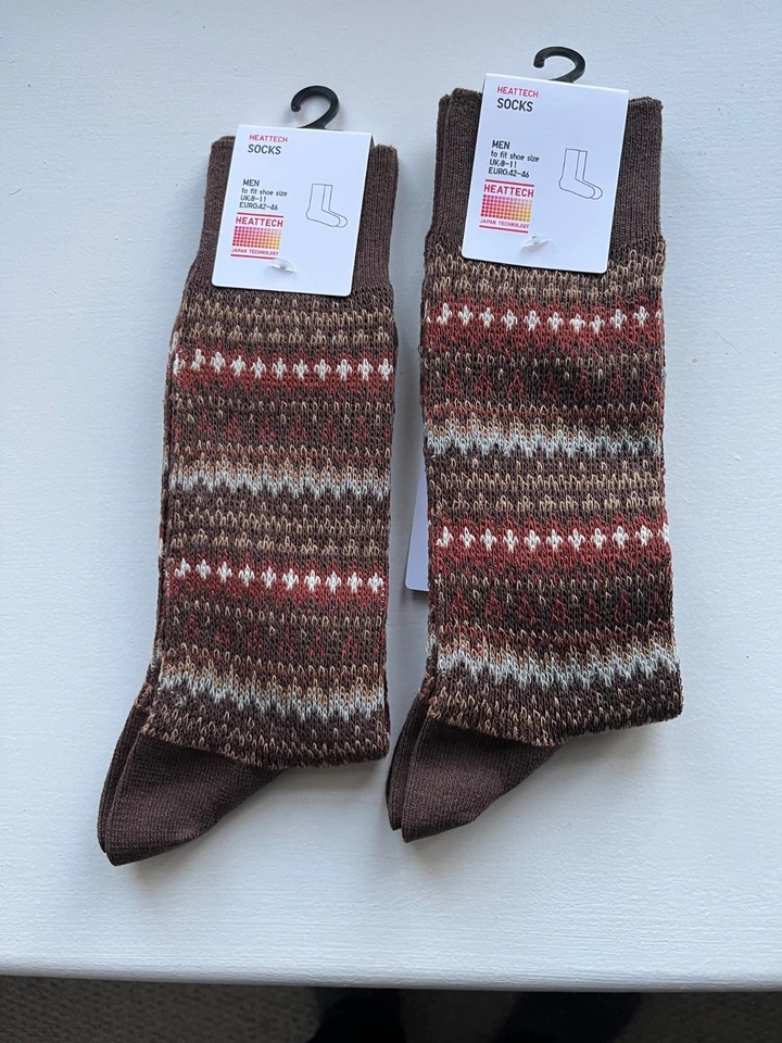 2 PRS BNWT UNIQLO MENS Brown HEATECH Fairisle Socks -UK 8-11 EURO 42-46 FREE P&p - Image 1 of 4