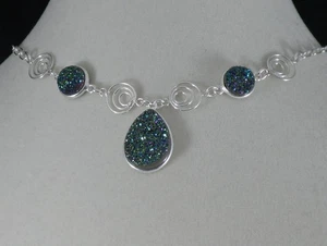 Grün Lila DRUZY Achat TRÄNE .925 STERLINGSILBER Halsreif HALSKETTE 12-15,5" - Bild 1 von 4