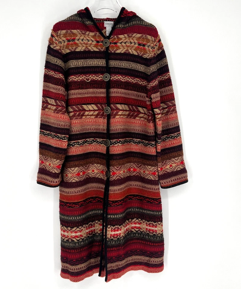 Chicos Suéter Cárdigan Mujer L 2 Plumero Tejido Suroeste Boho Rojo Lana Tribal Foto 1 de 4