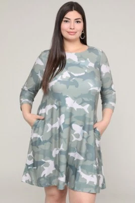 Женские 3/4 рукава напечатано акула платье, линия плюс размер платье - Изображение 1 из 4