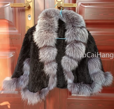 Abrigo de piel de visón genuino real tejido hecho a mano cuello de piel de zorro plateado chales envolturas capa Foto 1 de 4