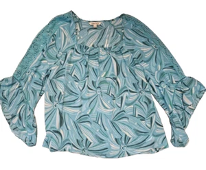 Pioneer Woman Top XL Teal Print 3/4 Fancy Sleeve Blouse Peasant Neck NEW - Picture 1 of 12