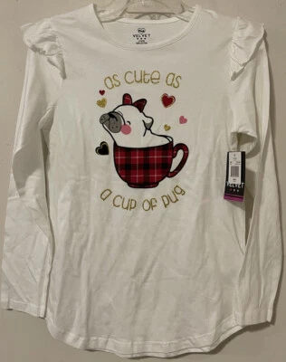 Pink Velvet Girls 14/16 White “Pug Print” Long-Sleeved Cotton Shirt NWT! A5250 - Image 1 of 4