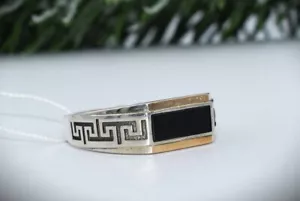 NEW ! black onyx VTG Ukraine Sterling SILVER 925, gold 375-14k Ring MENS, greek - Picture 1 of 18