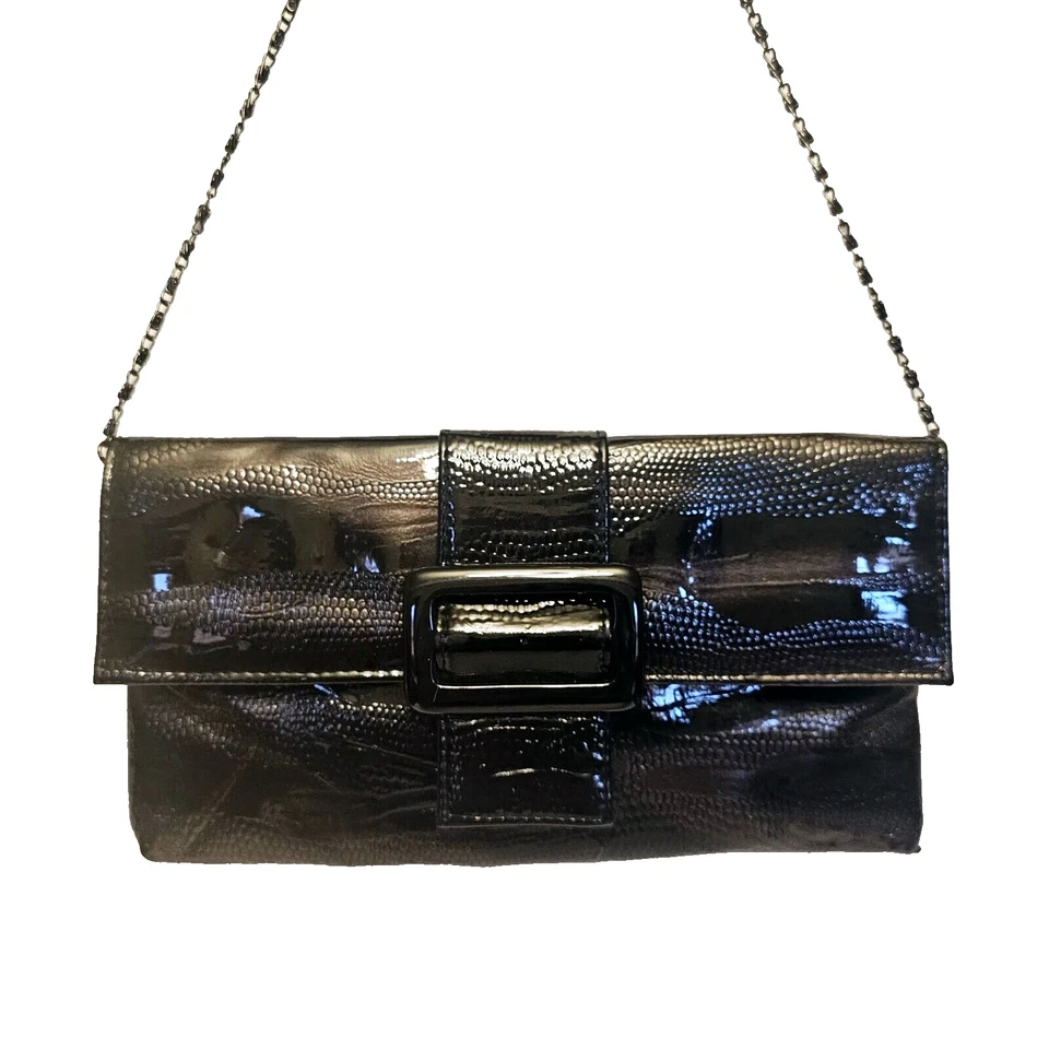 Jessica McClintock Black Patent Evening Fold Over Flap Bag w Chain Strap - Image 1 of 4