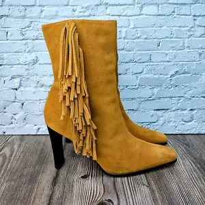 VTG Golden Tan Leather Suede Fringe Boots Boho Hippie Cowgirl Western 90s US 9.5 - Picture 1 of 12