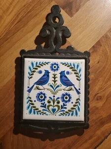 Vintage Cast Iron Trivet Ceramic Tile Blue Jay Bird Made in Japan - Picture 1 of 4