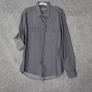 Pronto Uomo Men Shirt L Blue Button Military Collared Roll Tap Sleeve Chambray - Picture 1 of 11
