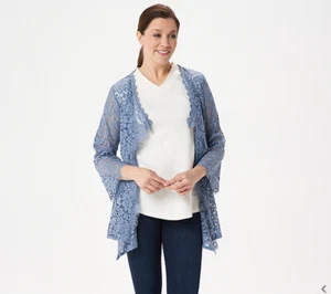 Isaac Mizrahi Live! Cascade Open Front Lace Cardigan, Blue Grey , XL - Picture 1 of 3