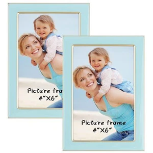 4x6 Light Blue Enamel Frame, Gold Edge, Easel Stand & Wall Mount, 2 Set - Picture 1 of 8