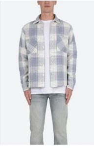 MNML XXXL Classic Flannel Cream Ivory Blue Plaid Shacket Collared Long Sleeve 10 - Picture 1 of 15