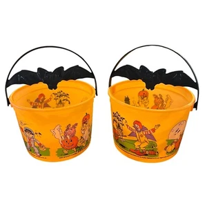 Vintage McDonalds Halloween Buckets Lot of 2 Candy Pails Black Bat On Handle - Picture 1 of 12