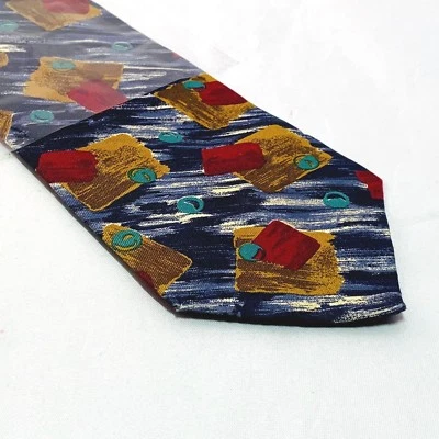 Gravata masculina Claiborne azul com ouro vermelho padrão abstrato seda manga D2 - Imagem 1 de 3