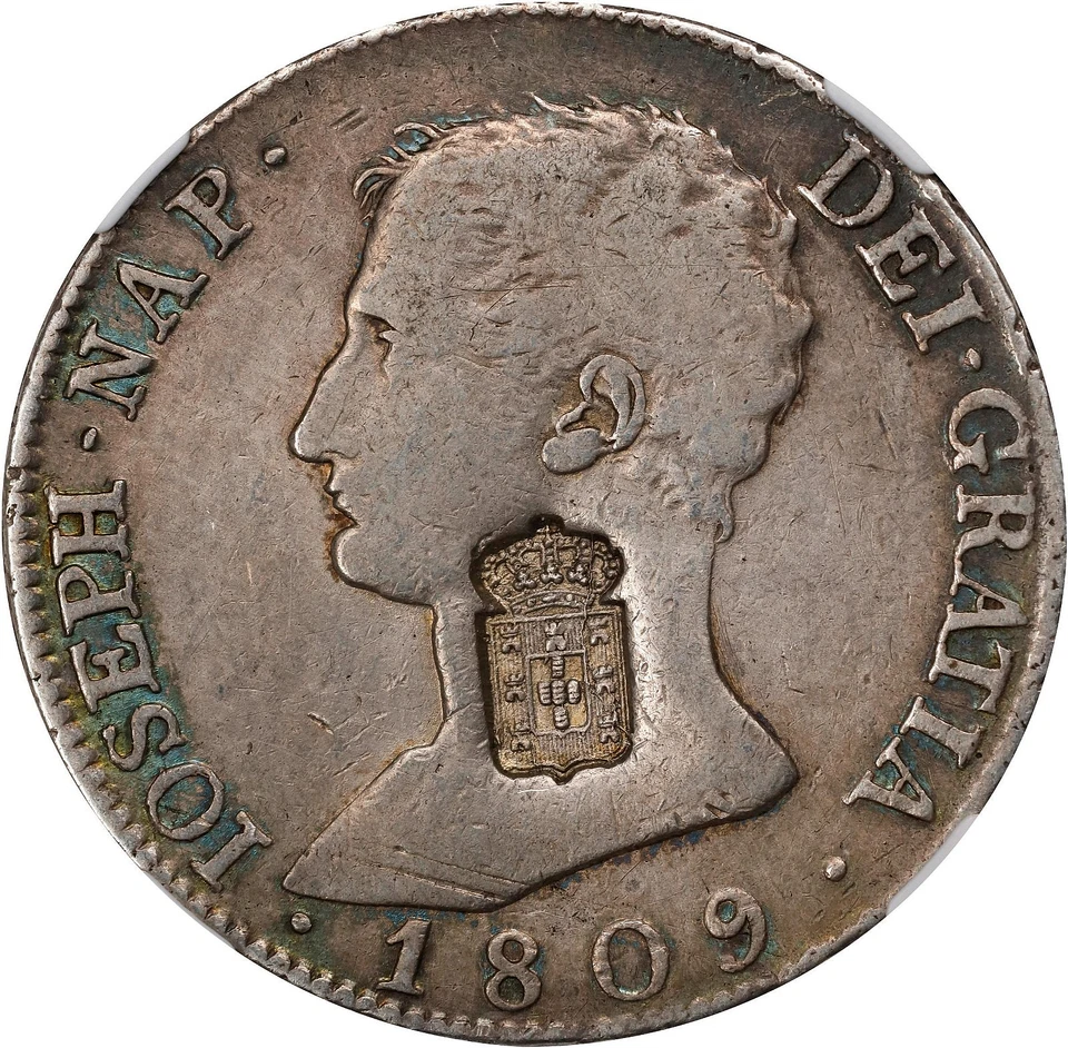 (1834) PORTUGAL MARIA II 870 REIS COUNTERMARK 1809 SPAIN 20 REALES NGC VF DETAIL - Image 1 of 4