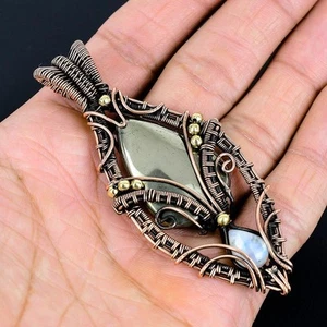 Real Moonstone & Apache Pyrite Copper Wire Wrapped Designer Gemstone Pendant  a - Picture 1 of 7