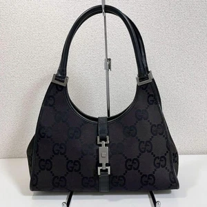 Bolso de Mano Gucci Hombro Negro Plata Herrajes Jackie GG Lona Cuero Usado Japón - Imagen 1 de 10