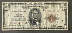 1929 Boston $5 Federal Reserve Bank Note (AU10) - Picture 1 of 6