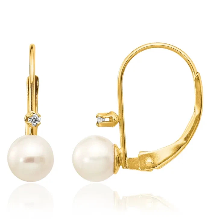 14K Solid Yellow Gold 5mm White Round Freshwater Cultured Pearl Diamond Dangl... - Image 1 of 4