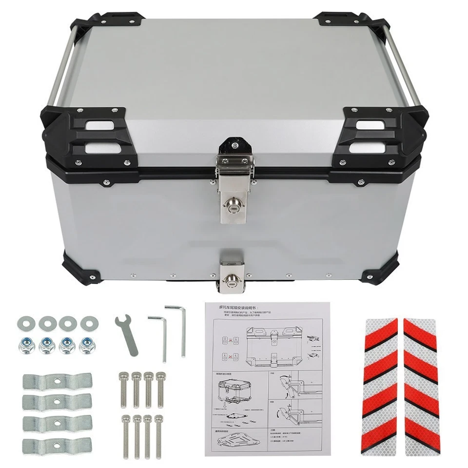 Silver 65L Motorcycle Tour Tail Box With Security Lock Waterproof Top Case Foto 1 de 4