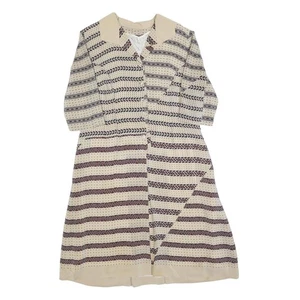 Vestido midi con botones estampado de rayas beige para mujer L cuello estilo vintage - Imagen 1 de 6