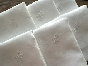 6 Vintage White Linen Damask Dinner Lapkins Napkins Poppies 26X27 Monogram LG - Picture 1 of 16