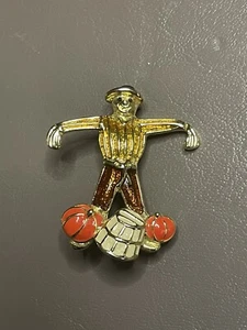 Vtg Costume Scarecrow Gold Tone Enameled Halloween Harvest Pumpkin Brooch Pin - Picture 1 of 4