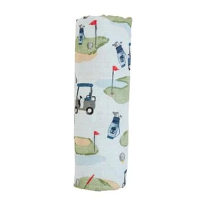 Mud Pie Baby Golf Cart Bag Golfing Print Muslin Cotton Swaddle Blanket Blue - Picture 1 of 1
