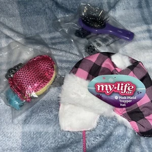 New 18” Doll Accessories Lot - Pink Trapper Hat Glitter Clutch Purple Hair Brush - Picture 1 of 2