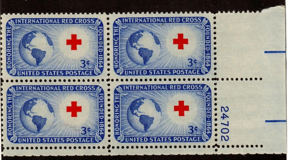 Scott 1016 3¢ Red Cross Plate Block of 4 MNH Free Shipping! - Image 1 of 1