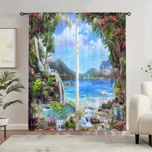 2Pcs Nature Lake Mountain Window Curtain Bedroom Living Room Kitchen Rod Pocket - Picture 1 of 20