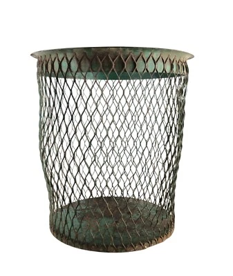 Cubo de basura industrial vintage de malla de alambre de metal verde Foto 1 de 4