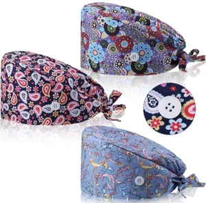 Bouffant Cap with Button Sweatband Tie Back Hat for Women Men 3pack - Picture 1 of 3