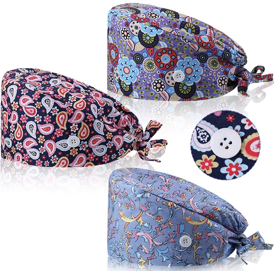 Bouffant Cap with Button Sweatband Tie Back Hat for Women Men 3pack - Image 1 of 3
