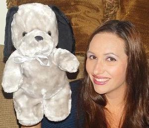 Vintage 1968 America Wego Plush Grey Black Puppy DOG GRAY BOW 14" STUFFED TOY (A - Picture 1 of 1