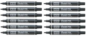 Pentel N50 Black Permanent Marker Pen Bullet Tip - Pack 12 - Picture 1 of 4