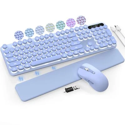 Wireless Keyboard and Mouse Backlit - Typewriter Keyboard with Retro Round Ke... - Image 1 of 4