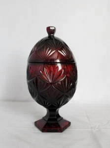 Vintage Ruby Red Pressed Glass Compote w/Lid, Egg-Shaped Footed Candy Dish 9"  - Picture 1 of 6