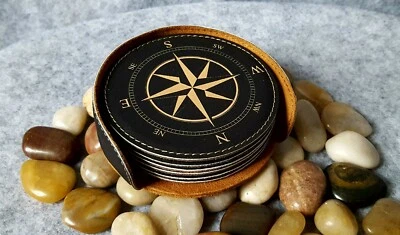 Leather Nautical Compass Coasters Set of 6 w/ Coaster Holder Bar Man Cave Lounge - Image 1 of 4