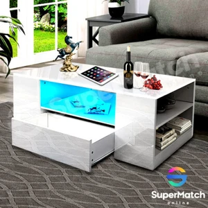 Modern LED Lights Coffee Table Storage Shelf Wooden Cabinet w/2 Drawers White - Picture 1 of 11