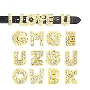 26 Gold Alloy Rhinestone Alphabet Letter "A-Z" Slide Charm Fit 8mm Wristbands - Picture 1 of 9