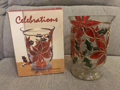 Poinsettia Candle Holder Mosaic Glass 6" Hurricane Christmas Celebrations Votive - Image 1 of 4