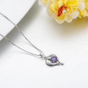 Sterling Silver 925 Heart Necklace Dolphin Cubic Zirconia Synthetic Amethyst Gem - Picture 1 of 1