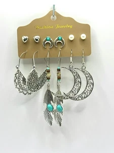 6-Piece Silver Fashion Jewelry Southwestern Boho Stud and Hoop Earring Set - Picture 1 of 6