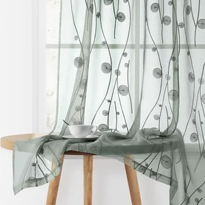 Sage Green Sheer Curtains 52 X 84 Inches Length 2 Panels Embroidered Wave Lin... - Picture 1 of 9
