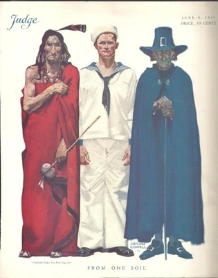 Orig. Judge Mag 1917 Cover ~ From One Soil RW&B Indian Sailor & Pilgrim Cover - Image 1 of 2