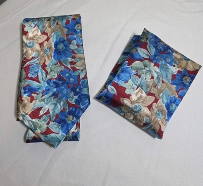 Men's Necktie Set DK RED BLUE BEIGE ABSTRACT FLORAL Classic Tie, Pocket Square   - Image 1 of 4
