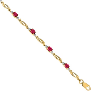 10K Solid Yellow Gold Diamond Oval Ruby Tennis Bracelet - Picture 1 of 8